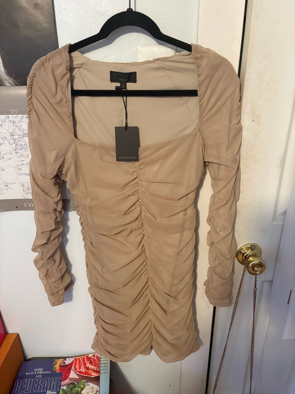 Michael Costello Nude Ruched Long Sleeve Mini Dress